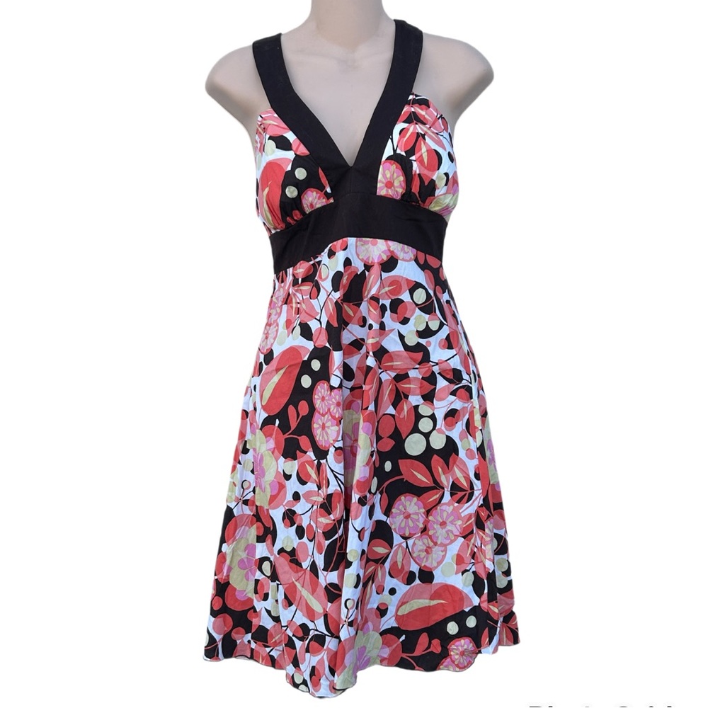 Y2K Pinup Style Floral Halter Dress with Brown Trim